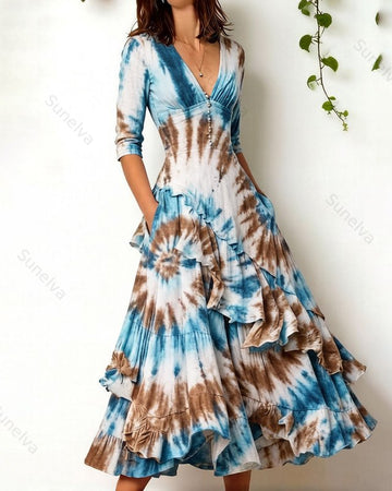 Women's Retro Elegant Tie-Dye Print Irregular Ruffle Patchwork Linen Dress 7506