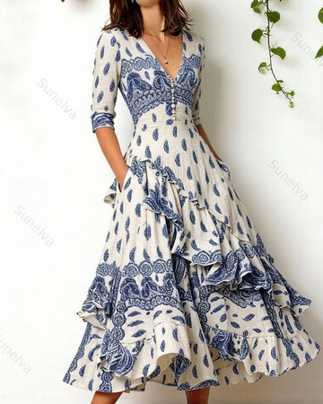 Women's elegant irregular ruffled linen patchwork dress 7370