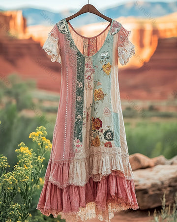Women's Summer Floral Embroidered Patchwork Linen Dress 5663