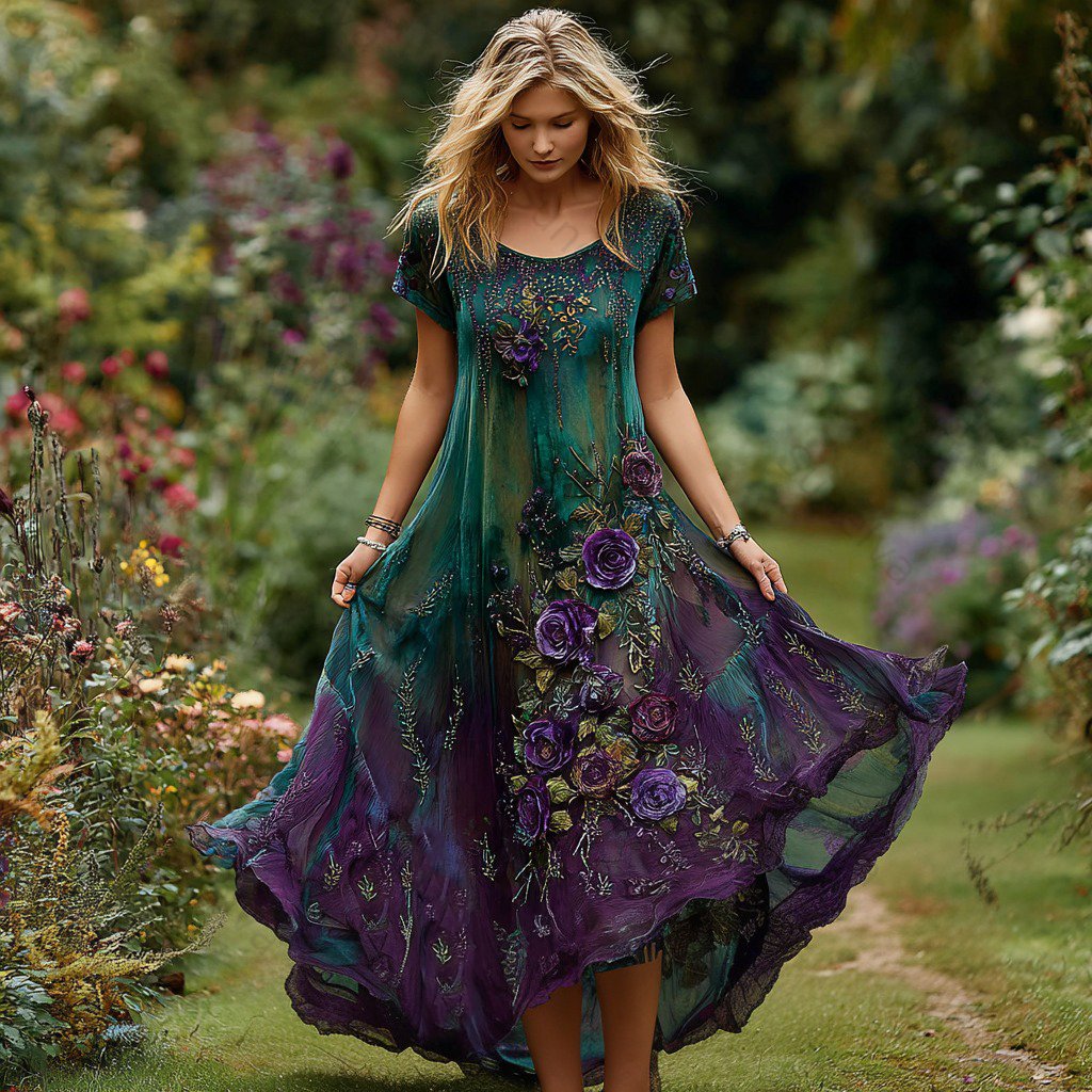 Women's Vintage Floral Embroidery Gradient Pattern Round Neck Dress 5e0e
