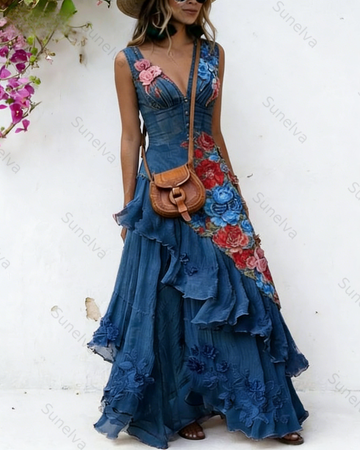 Women's Vacation Irregular Ruffle Flowers Embroidery Dress 4004