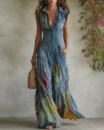 Women's Summer Elegant Floral Embroidered Patchwork Linen Jumpsuit 5438