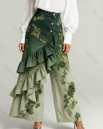Women's Summer Elegant Floral Embroidery Ruffled Patchwork Gradient Denim Jeans  3803