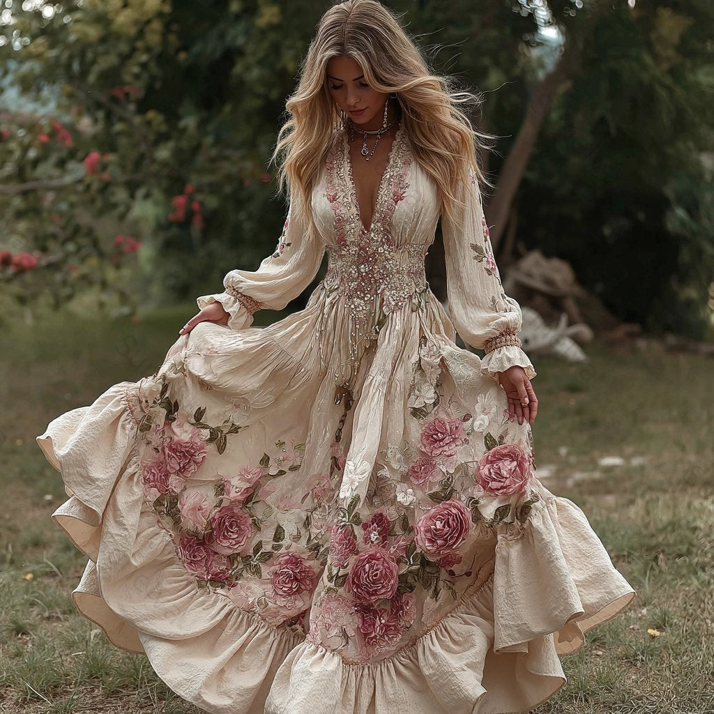 Comstylish Women's Vintage Roses Embroidery Art V-neck Long Sleeves Maxi Dress fb60