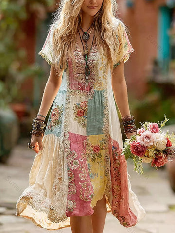 Women's Retro Floral Splicing Cotton And Linen Long Dress 4d1c