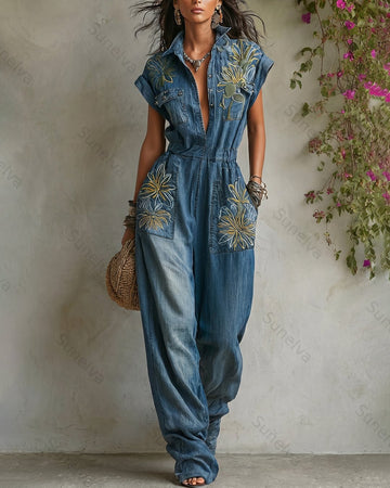 Women's Summer Elegant Floral Embroidered Patchwork Linen Jumpsuit 4153