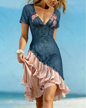 Women's Summer Contrast Patchwork Irregular Ruffle Floral Embroidered Dress 2357