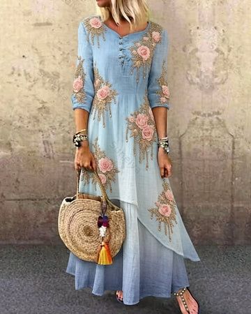 Women's Elegant Asymmetrical Ruffled Linen Floral Dress 2035