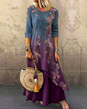 Women's Elegant Asymmetrical Ruffled Denim Patchwork Linen Floral Dress 4662