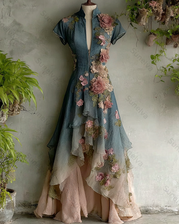 Women's Elegant Gradient Flowers Embroidery Irregular Ruffle Mesh Dress 3838