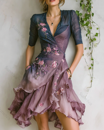 Women's Vintage Floral Embroidery Tie-Dye Gradient Linen Blend Dress 6383