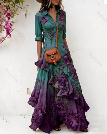 Women's Elegant Floral Embroidered Ombré Dress with Asymmetrical Ruffles 8955