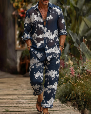 Men's Fashion Color-Blocked Print Long-Sleeve Shirt and Pants Two-Piece Set 8426