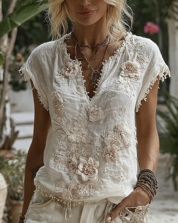 Women's Fashionable Floral Embroidered Asymmetrical Top 2764