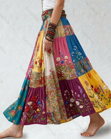 Women's Summer Elegant Floral Embroidery Patchwork Linen Midi Skirt   8768
