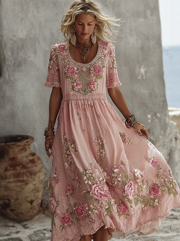 Women's Floral Art Print Flowy Linen Blend Casual Short Sleeve Maxi Dress 9360