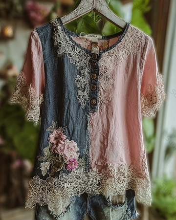 Women's Contrasting Color Lace Patchwork Flowers Embroidery Blouse 1967