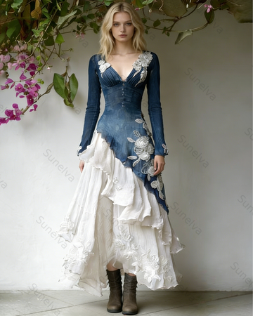 Women's Spring Elegant Flowers Irregular Ruffle Linen Dress 4547