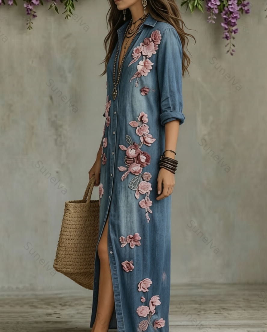 Women's Summer Pink Floral Embroidered Denim Dress 7734
