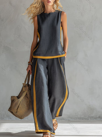 Women's Round Neck Sleeveless Casual Loose Top And High-waisted Loose Wide-leg Pants Cotton And Linen Set. 1c6a