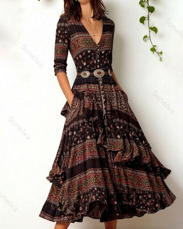 Women's Retro Elegant Ethnic Print Irregular Ruffle Patchwork Dress 1345