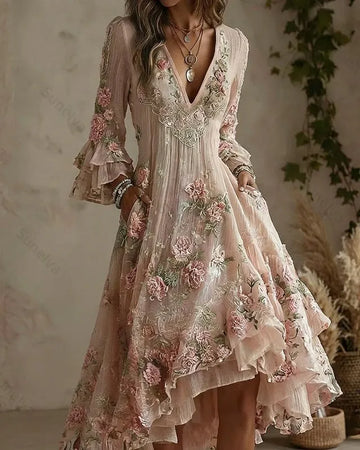 Women's Vintage Elegant Floral Embroidered Asymmetric Linen Blend Dress 9159