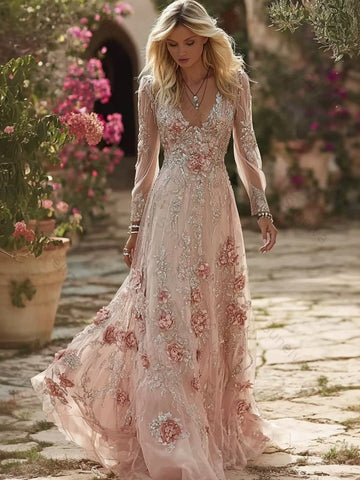 Vintage Boho Roses Embroidered Flowy Linen Maxi Dress 48fe