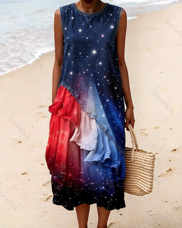 Women's Retro Elegant Stars and Stripes Gradient Color Ruffled Linen Dress 7293