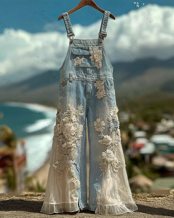 Women's Summer Floral Embroidered Tulle-Paneled Overalls 2374