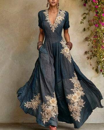 Women's Summer Vacation Floral Beaded Embroidery Linen  Dress 5716
