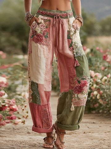 Love & Health Collection Retro Rose And Floral Patchwork Art Linen Pants b32c