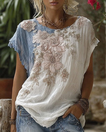 Women's Summer Fashion: Color-Blocked Floral Embroidered Linen Short-Sleeve Top 7811