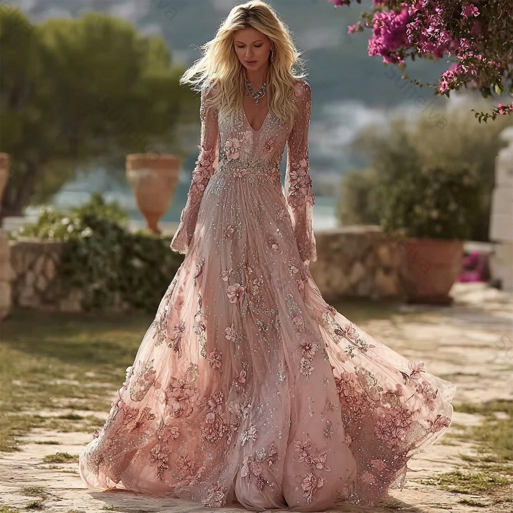 Boho Pink Roses Embroidered V Neck Flowy Maxi Dress 74dc