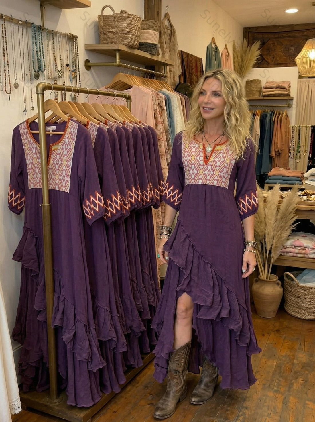 Women's Vacation Contrasting Color Irregular Ruffle Linen Dress 5023