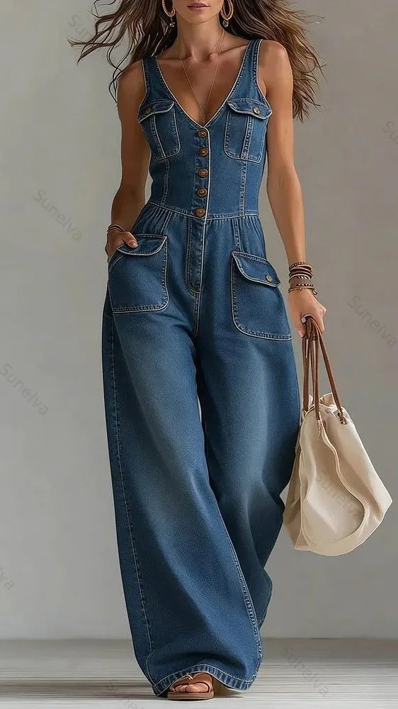Women's Washed Denim Loose-Fit Sleeveless Jumpsuit with Straps 5e3e