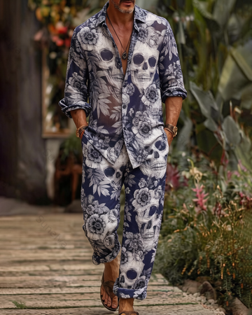 Men's Fashion Color-Blocked Print Long-Sleeve Shirt and Pants Two-Piece Set 7137