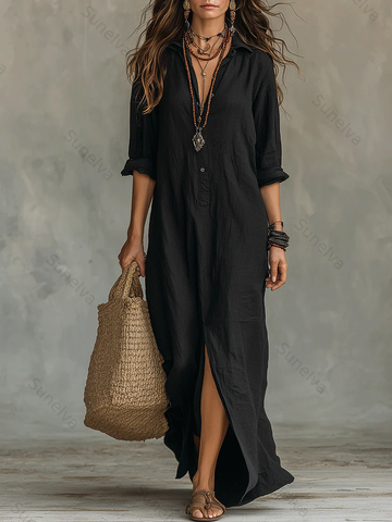 Casual Solid-color Linen-cotton Dress 4b10
