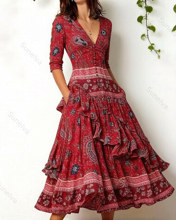 Women's Retro Elegant Paisley Print Irregular Ruffle Patchwork Linen Dress 9704