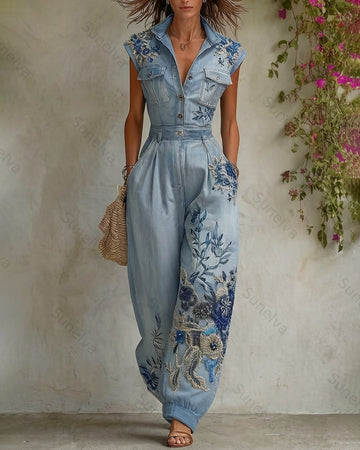 Women's Summer Vacation Floral Beaded Embroidered Jumpsuit 3748