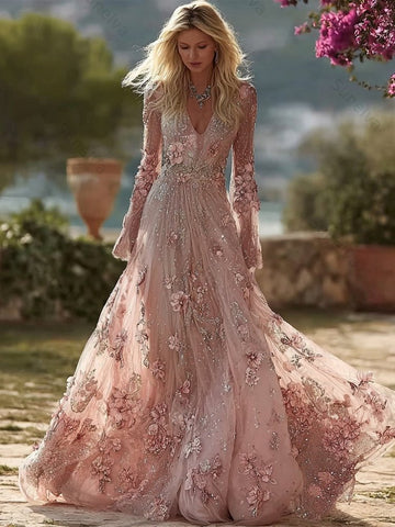 Boho Pink Roses Embroidered V Neck Flowy Maxi Dress 74dc