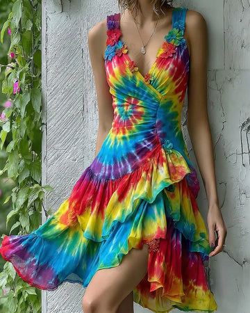 Women's Summer Boho-Chic Asymmetrical Ruffled Tie-Dye Dress 3664