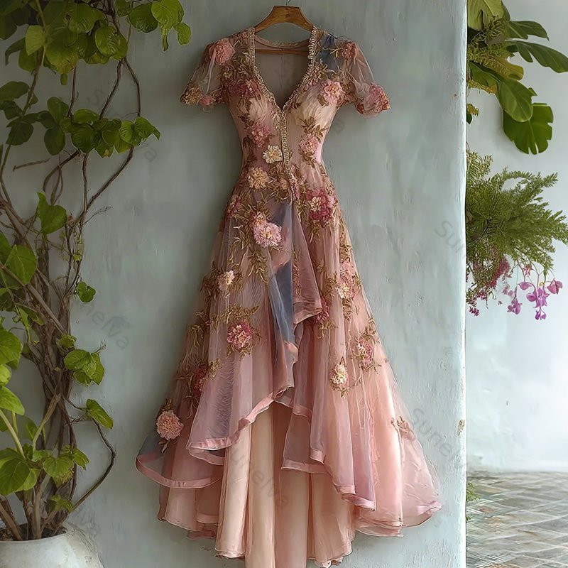 Women's Retro Elegant Gradient Flowers Irregular Ruffle Linen Dress