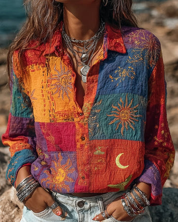 Women's Summer Star and Moon-Themed Embroidered Shirt 6882