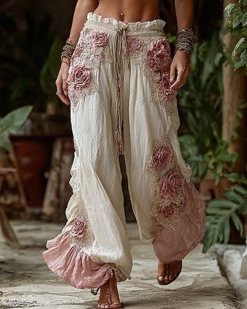 Women's Summer Fashion: Color-Blocked Floral-Embroidered Linen Trousers 5443