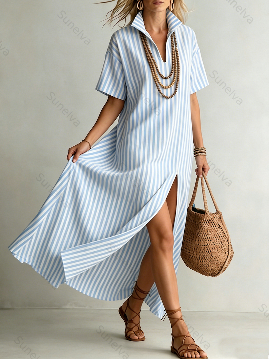 Stylish Stand-collar Striped Loose-fit Cotton-linen Maxi Dress 626e