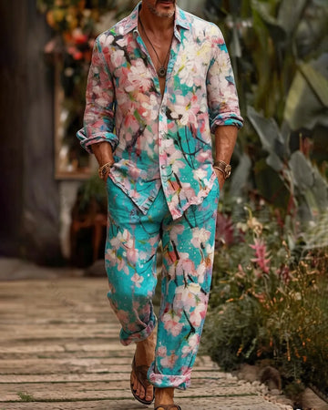 Men's Fashion Color-Blocked Print Long-Sleeve Shirt and Pants Two-Piece Set 2129