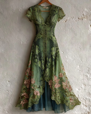Women's Elegant Snake Flowers Print Irregular Mesh Dress 9640