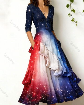 Women's Retro Elegant Stars and Stripes Gradient Color Ruffled Linen Dress 5909