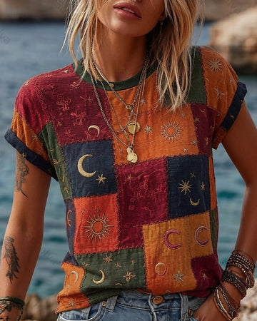 Women's Summer Star and Moon-Themed Embroidered Top 7051