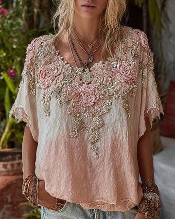 Women's Summer Fashion: Gradient-Printed Floral Embroidered Linen Short-Sleeve Top 4371